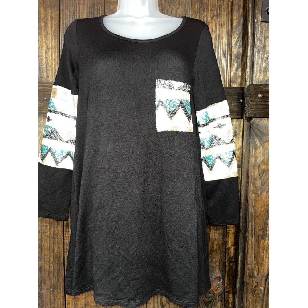 Black Long Sleeve Top with Aztec Sequence Design Lilypad Size S (Plus Size)